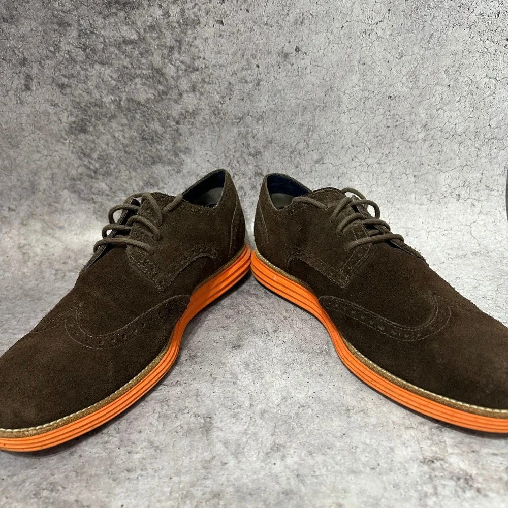 Cole Haan LunarGrand Wingtip Mens 13 Brown Suede Orange Sole Brogue Oxford